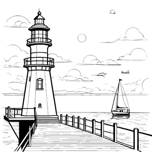 Der große Leuchtturm am Holzpier mit Segelboot zum Ausmalen