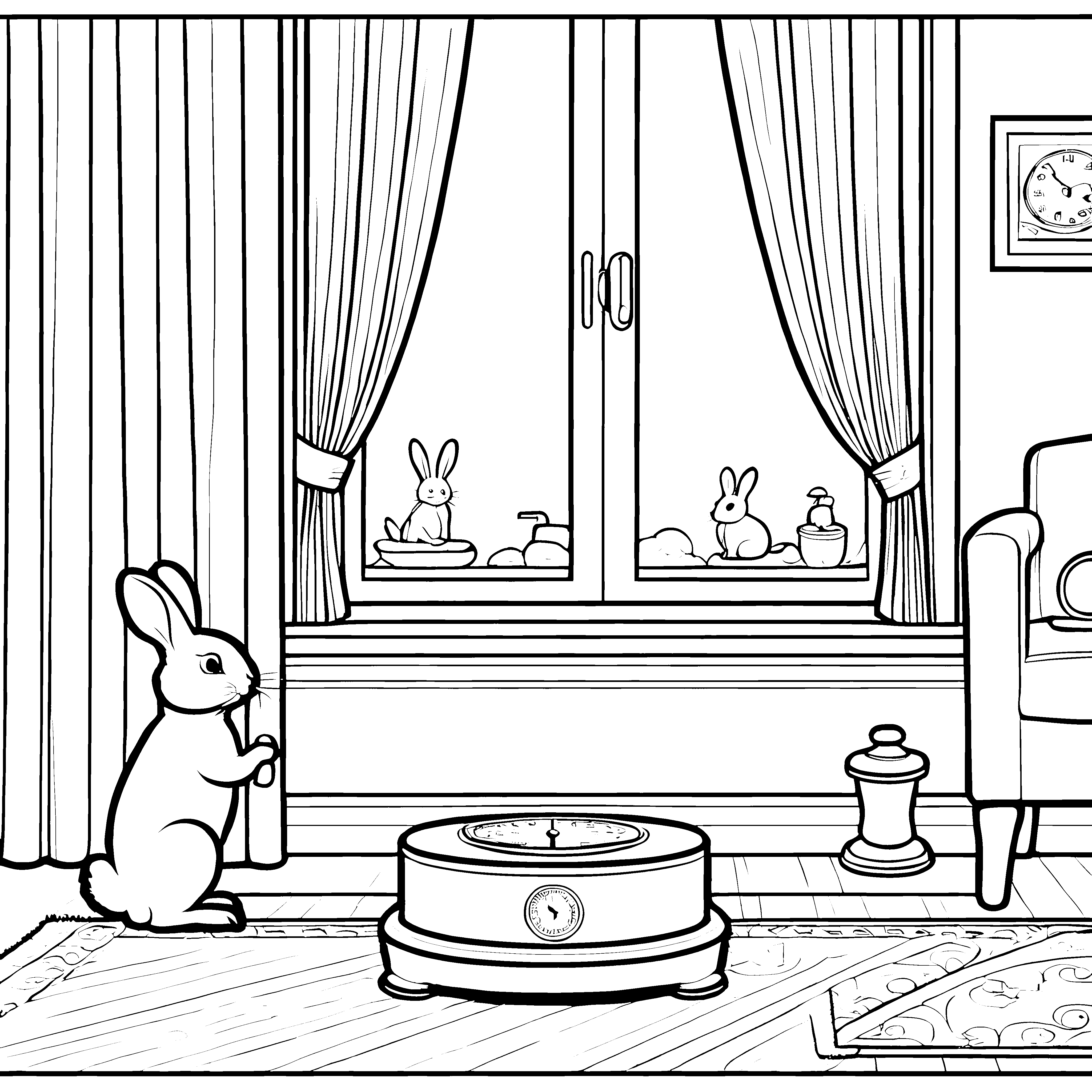 Neugieriger Hase mit schimmernder Waage Ausmalbild für kreative Entdecker