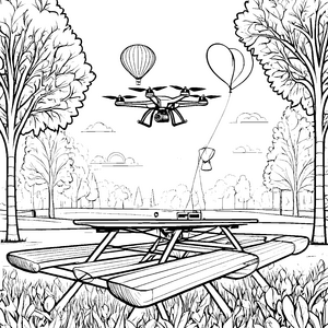 Drohne im Park: Ein Picknick mit Ballonzauber zum Ausmalen