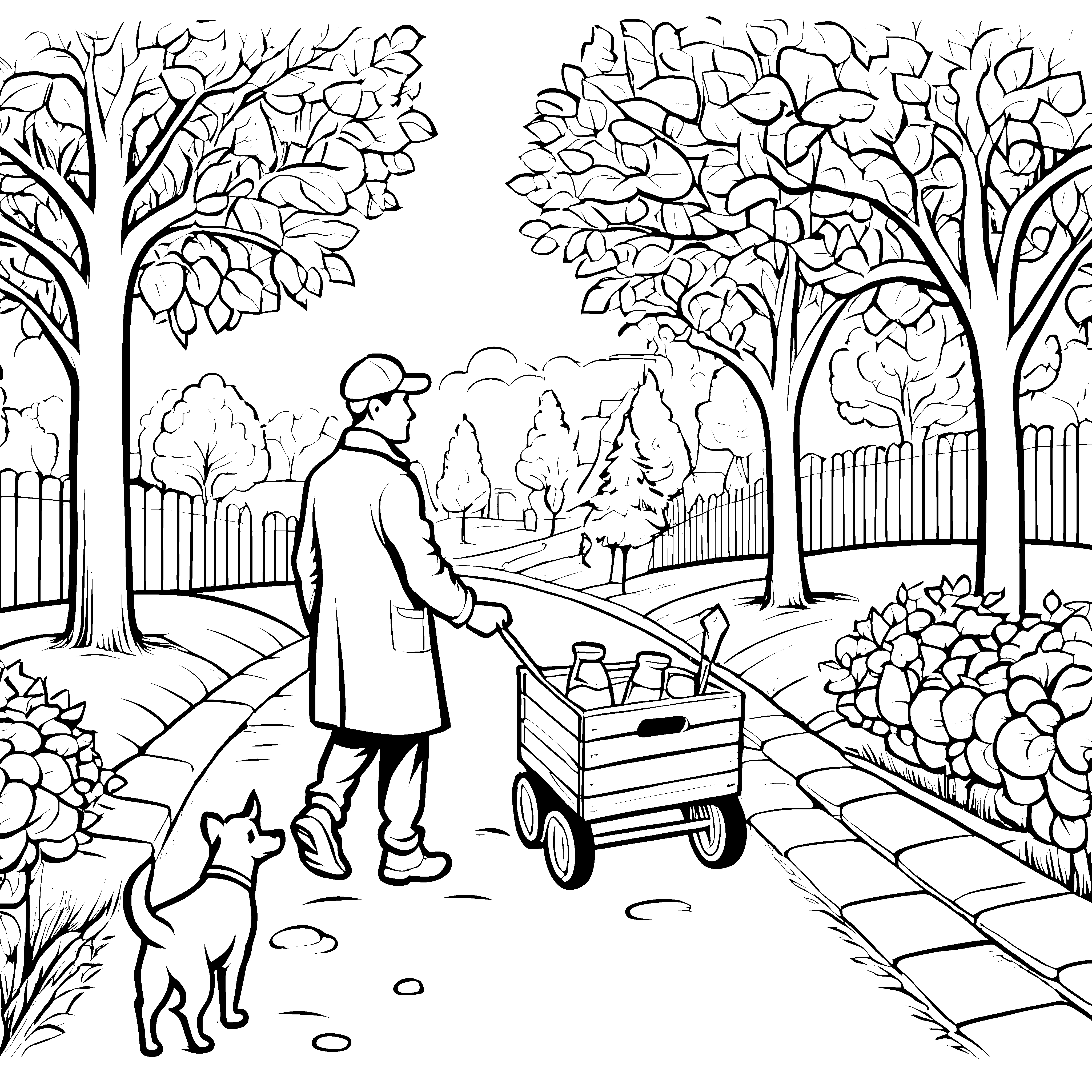 Der Milchlieferant mit dem Hund im Park zum Ausmalen