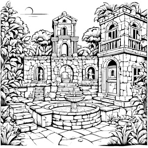 Geheime Ruine mit mysteriösem Brunnen Ausmalbild für abenteuerlustige Forscher