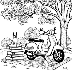 Moped und Hund unter dem großen Baum malen