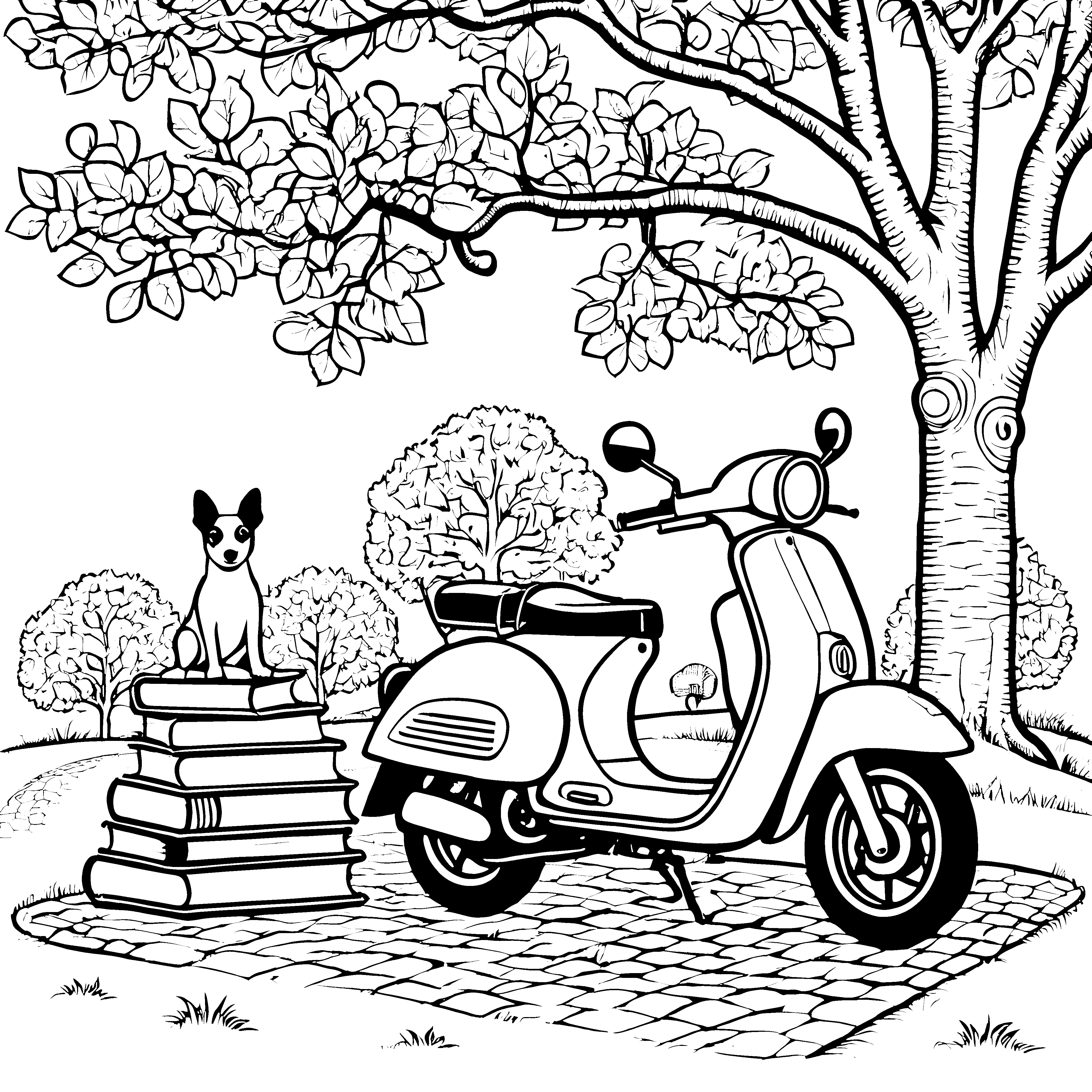 Moped und Hund unter dem großen Baum malen