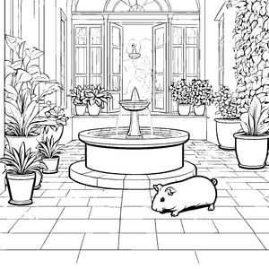 Das Meerschweinchen am Brunnen mit Topfpflanzen zum Ausmalen