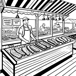 Der fleißige Metzger am Marktstand mit Steaks und Braten zum Ausmalen
