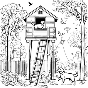 Verspielter Golden Retriever vor gemütlichem Baumhaus Ausmalbild für neugierige Abenteurer