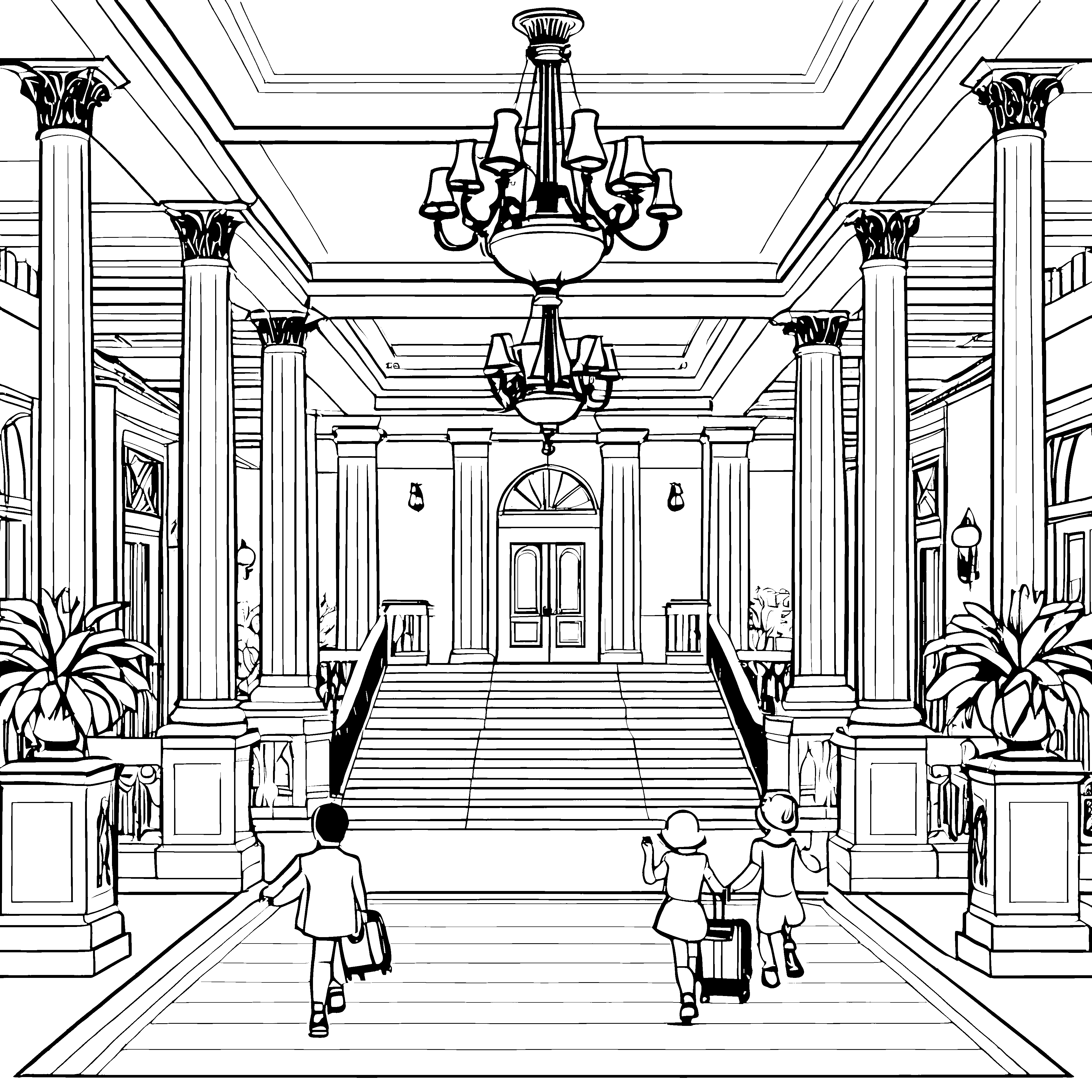 Die prunkvolle Hotellobby mit Kronleuchtern zum Ausmalen