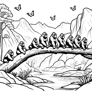 Gorillas auf dem Ast über dem Fluss malen wir aus