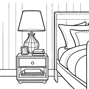 Mein gemütlicher Nachttisch mit Lampe und Büchern zum Ausmalen