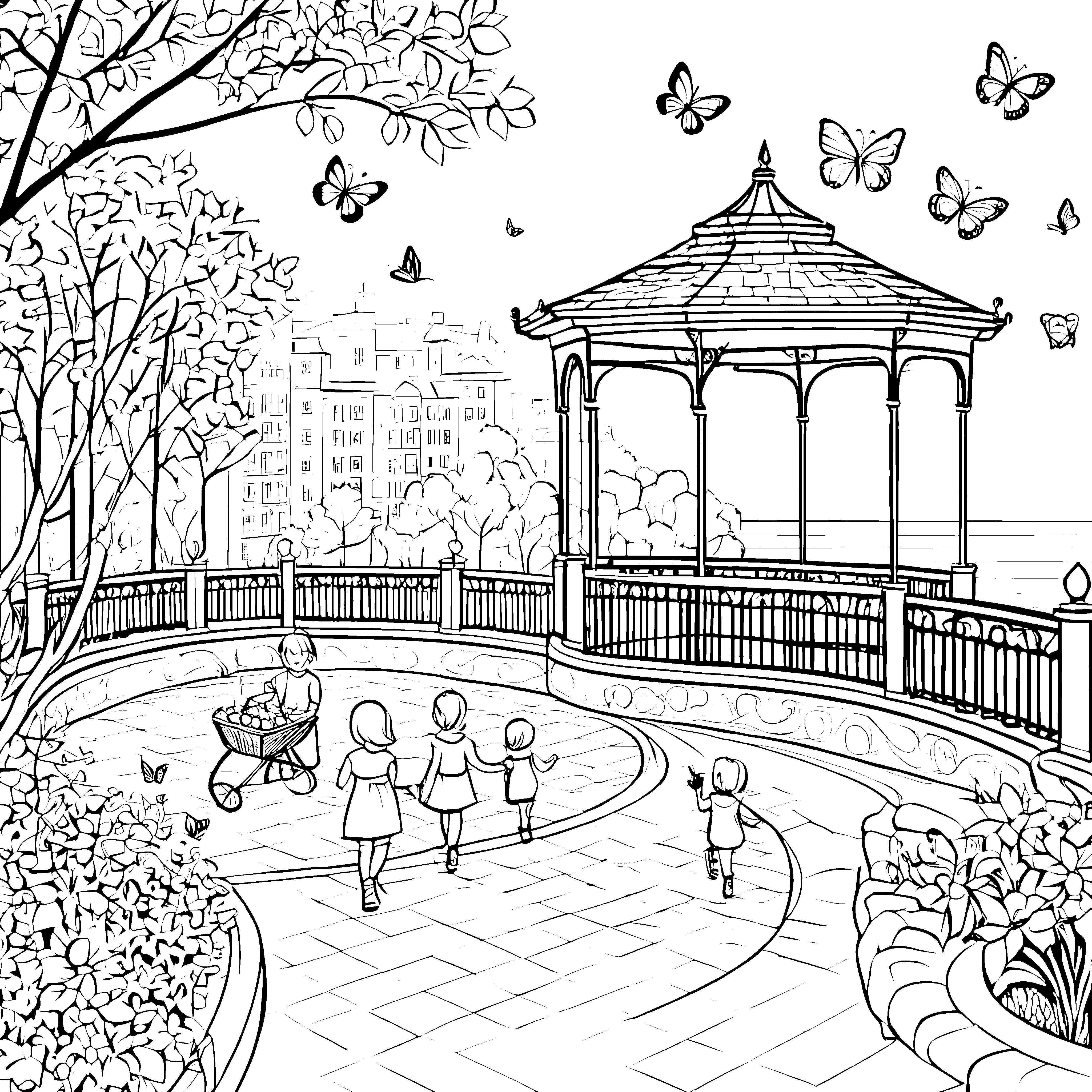 Kinder auf der Blumen-Terrasse mit Pavillon malen