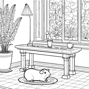 Mein Meerschweinchen im Wohnzimmer mit Blumen und Tischdekoration zum Ausmalen