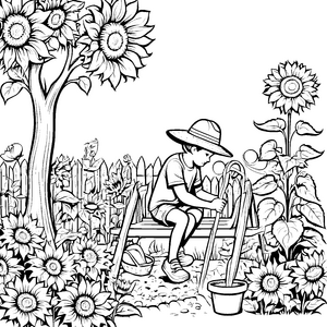 Schaufeln spielen mit Sonnenblumen im Garten malen zum Ausdrucken