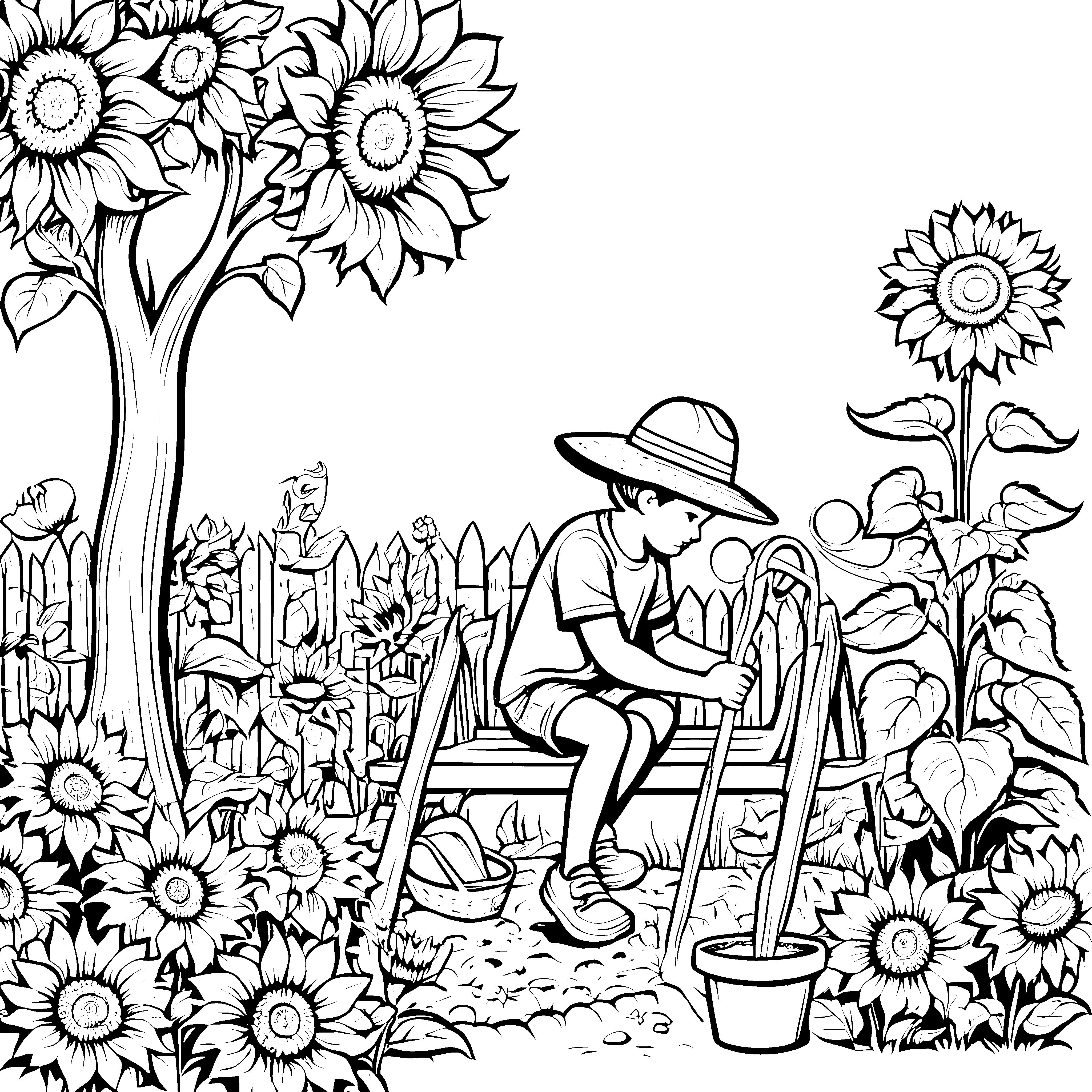 Schaufeln spielen mit Sonnenblumen im Garten malen zum Ausdrucken