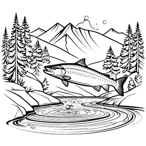 Spritziger Lachs springt über glitzerndes Wasser Ausmalmotiv für abenteuerliche Wasserfreunde