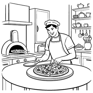 Der kleine Pizzabäcker belegt eine leckere Pizza zum Ausmalen