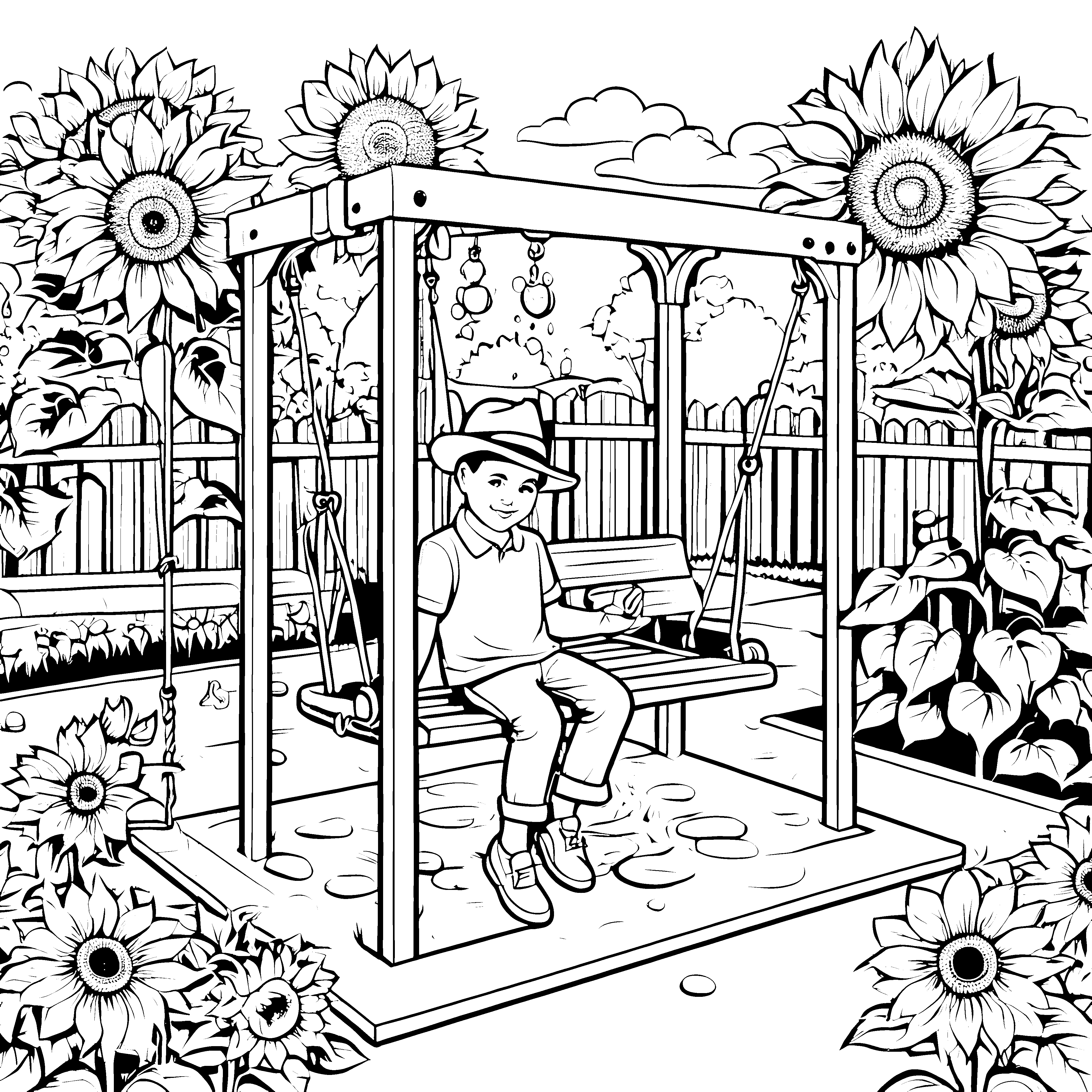 Sonniger Jungenhut auf der Schaukel Ausmalbild für lebensfrohe Abenteurer