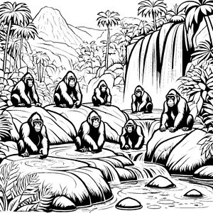 Gorillas im Dschungel: Ein Abenteuer am Wasserfall zum Ausmalen