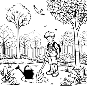 Der Junge mit Schaufel und Spaten im Garten zum Ausmalen