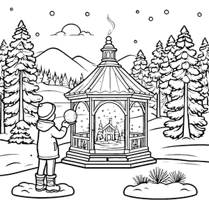 Schneekugeln in der verschneiten Waldlandschaft für Kinder zum Ausmalen