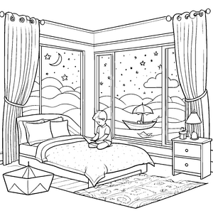 Abenteuer im Kinderzimmer: Nachttisch und Fensterblick zum Ausmalen