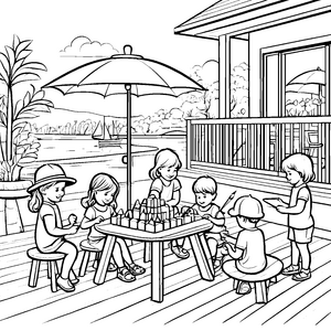 Kinder am Tisch auf der sonnigen Terrasse malen