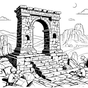 Verzauberte Ruine unter geheimnisvollem Himmel Ausmalbild für kleine Geschichtenerzähler