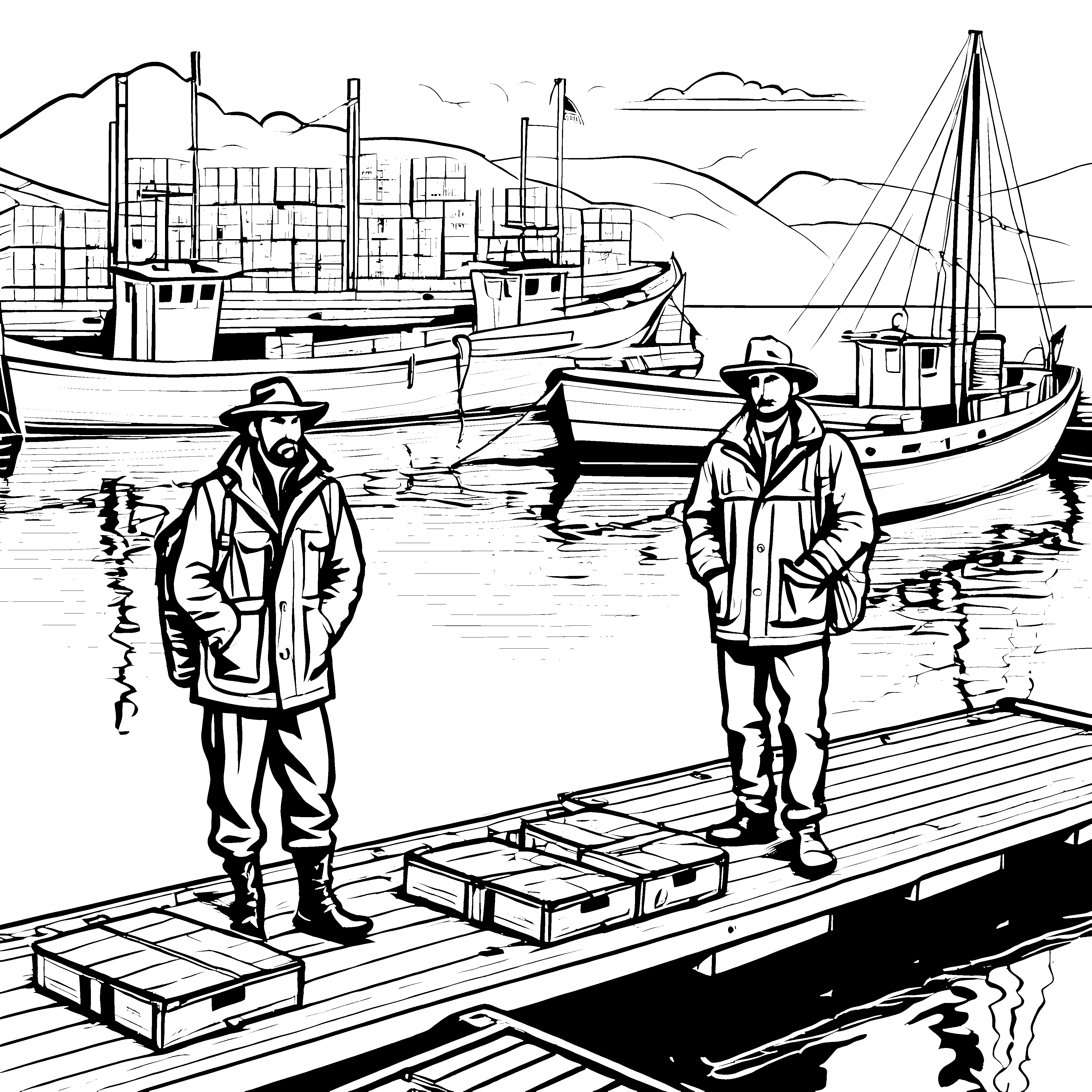Geheime Schmuggler am dunklen Hafen Malvorlage für abenteuerlustige Entdecker