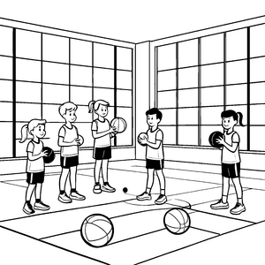 Kinder spielen mit Medizinbällen in der Halle zum Ausmalen