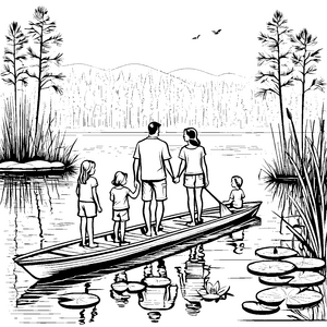 Familie beim Bootfahren am idyllischen Badesee Ausmalvorlage für kleine Abenteurer