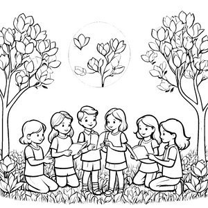 Kinder bei blühenden Magnolien: Ein Ausmalspaß im Frühling