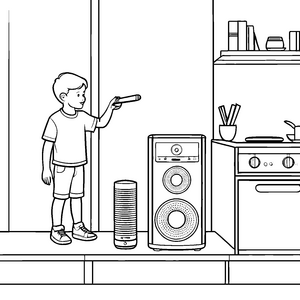 Der Junge und seine coolen Lautsprecher zum Ausmalen