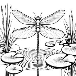 Faszinierende Libelle über blühendem Teich Ausmalbild für kleine Naturforscher