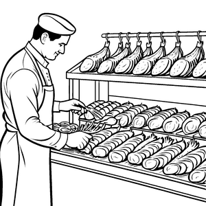 Der fleißige Metzger beim Ausmalspaß mit Wurst und Fleisch