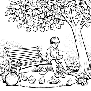 Zuckermelonen im Park: Ein Ausmalspaß mit Melone und Baum