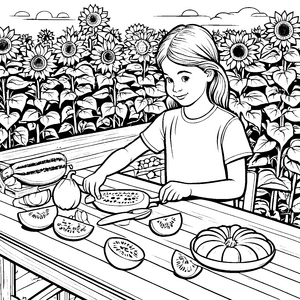 Zuckermelonen im Sonnenblumenfeld für kleine Künstler zum Ausmalen