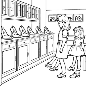 Schicke Damenschuhe im eleganten Geschäft Ausmalvorlage für kleine Modefans