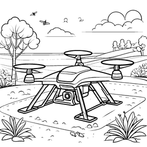 Futuristische Drohne über malerischer Landschaft Ausmalbild für neugierige Technikfans