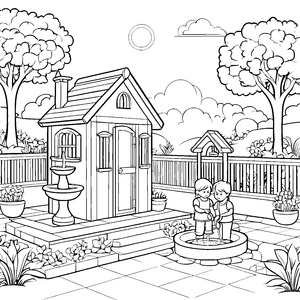 Kinder auf der gepflasterten Traumterrasse mit Brunnenbecken