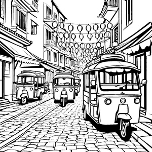 Tuk-Tuks auf der Kopfsteinpflasterstraße: Ein Ausmalspaß für Kinder