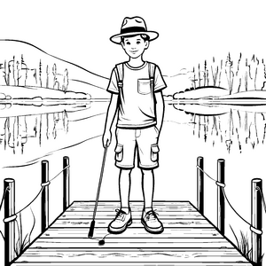 Der Junge mit dem Hut am Holzsteg am Gewässer malend