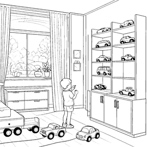 Kinderzimmer mit Regalen voller Modellautos zum Ausmalen