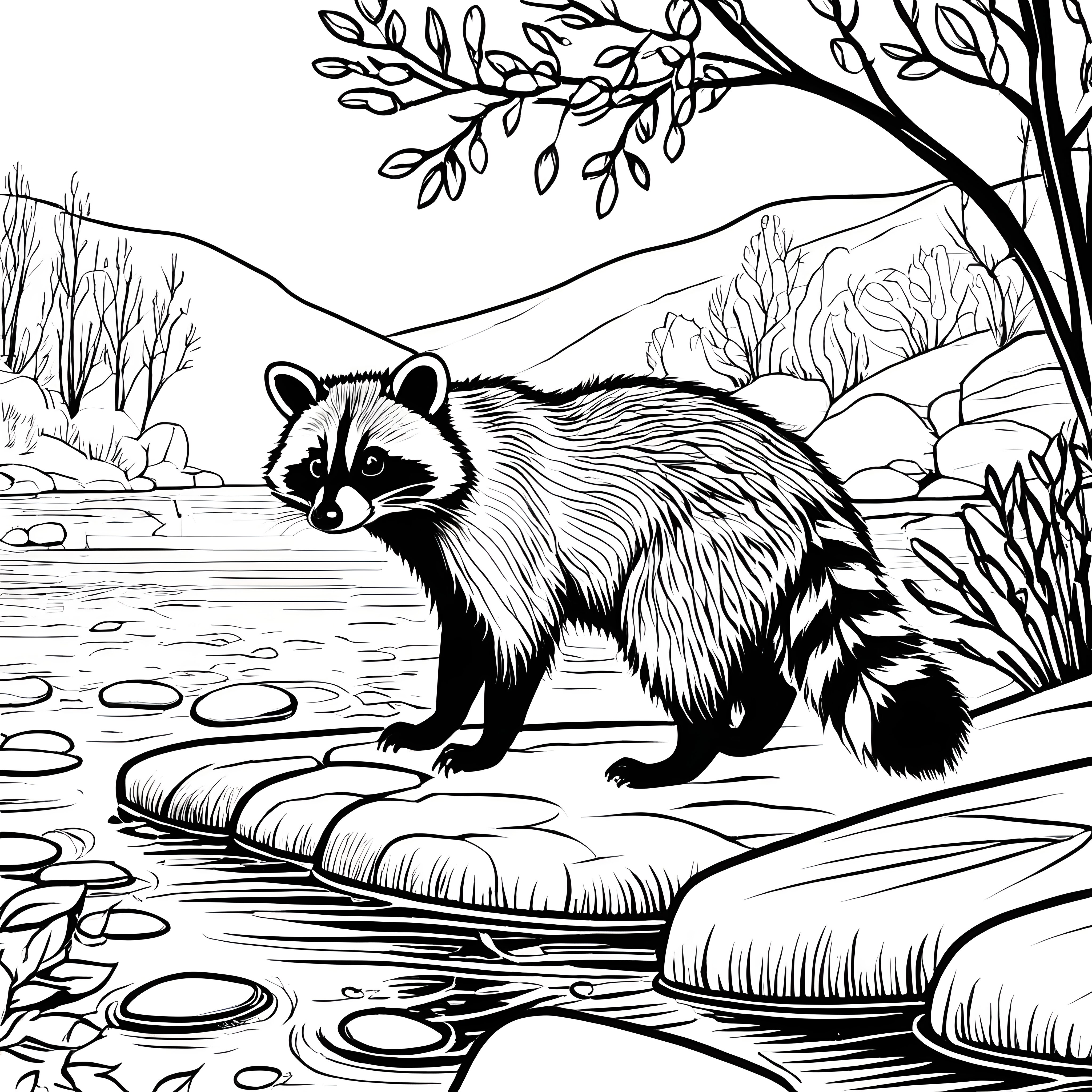 Schlauer Waschbär am glitzernden Wasser Ausmalvorlage für neugierige Entdecker
