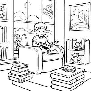 Gemütlicher Lesesessel mit bunten Büchern Ausmalvorlage für neugierige Bücherwürmer