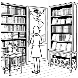 Entdeckungsfreudige Buchverkäuferin in inspirierender Bibliothek Ausmalvorlage für wissbegierige Leseratten