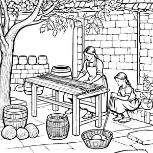 Das Leben der Weber: Ein Ausmalbild mit Webstuhl und Garn
