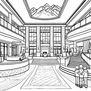 Die prunkvolle Hotellobby: Rezeption und Treppen zum Ausmalen