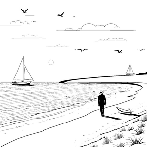 Eleganter Herrenhut am Strand mit Segelboot Ausmalvorlage für stilvolle Entdecker