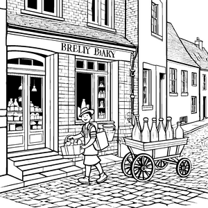 Der Milchlieferant vor der Bäckerei BRELIY zum Ausmalen