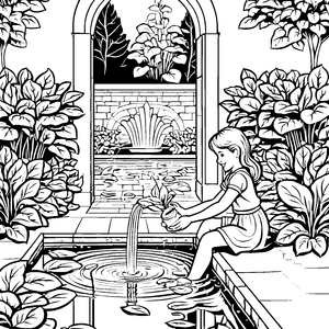 Fröhliches Mädchen mit Wasserspinat im glänzenden Teich Ausmalmotiv für kleine Gartenforscher
