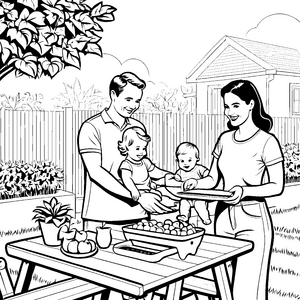 Familienzeit beim Wiegen von frischen Früchten Ausmalbild für kleine Gartenfreunde